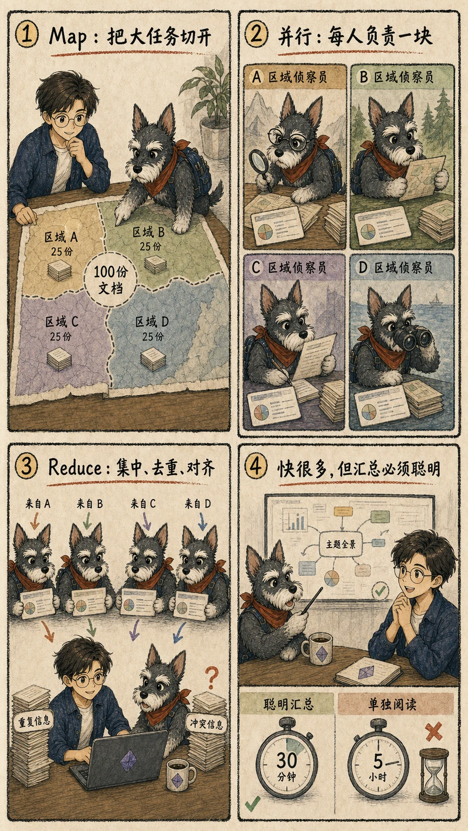 assets/ai-agent-comics/ch06-04-map-reduce.webp